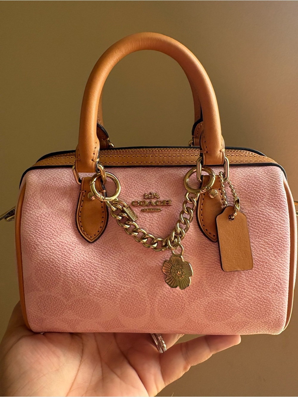 Coach Pink Mini Satchel with Tan Trim and Gold Chain